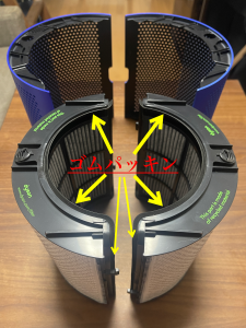 alt="自室で使用しているダイソン空気清浄機のフィルターを用いて解説している写真"