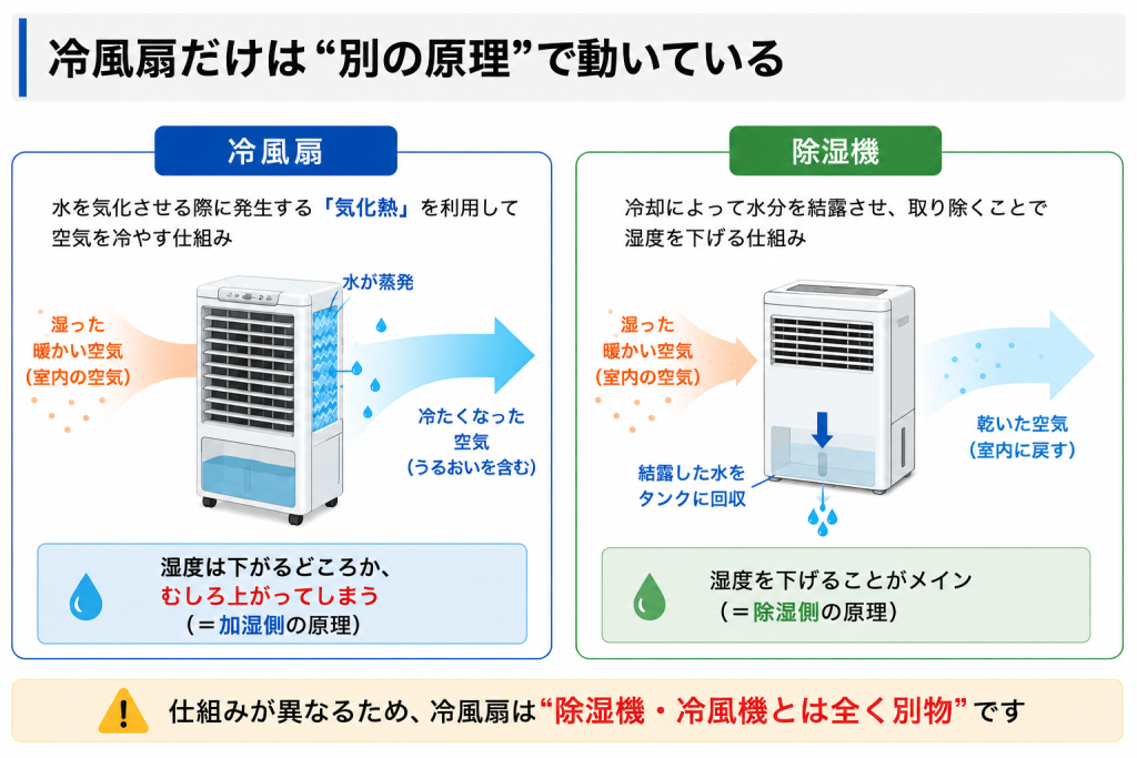 alt="冷風扇は除湿機や冷風機とは別の原理であると解説した画像"