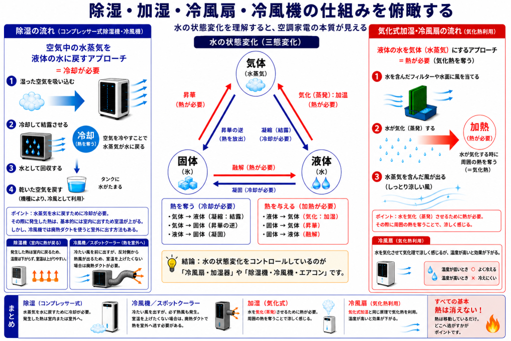 alt="除湿・加湿・冷風扇・冷風機の仕組みを俯瞰解説した画像"