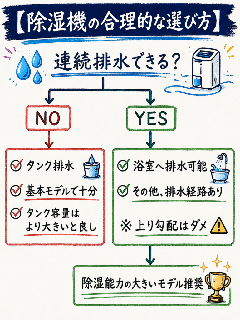alt="除湿機の合理的な選び方のフローチャート図”
