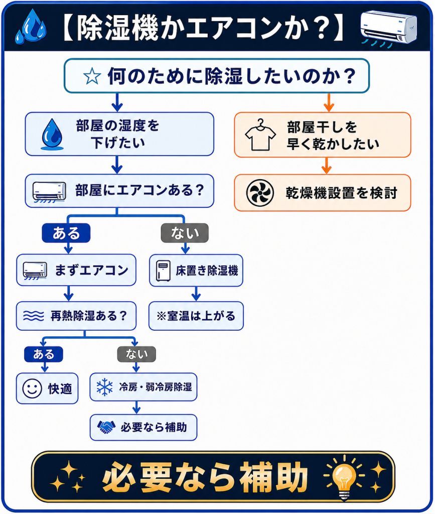 alt="除湿機かエアコンかの持論をまとめたフローチャート画像"